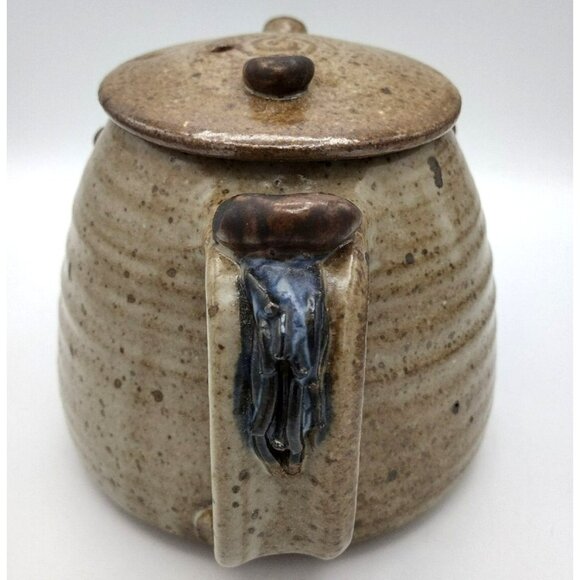 Stoneware Teapot Lid Mustache Ponytail Vintage 1970s Artist Signed Bottom 5 Inch - Picture 7 of 14